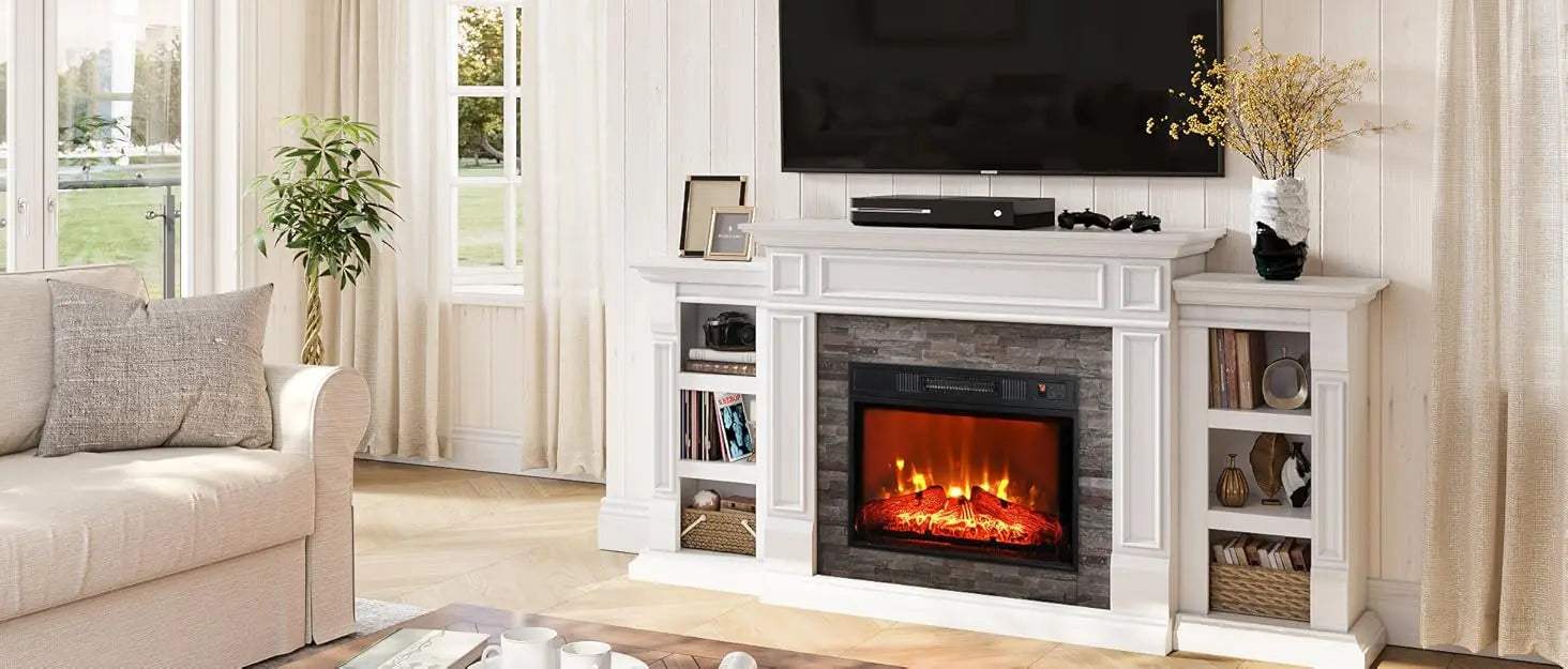 44" Electric Fireplace with Mantel, Tall Fireplace Heater Freestanding, Realistic Stacked Stone Surround with Remote Control Tim