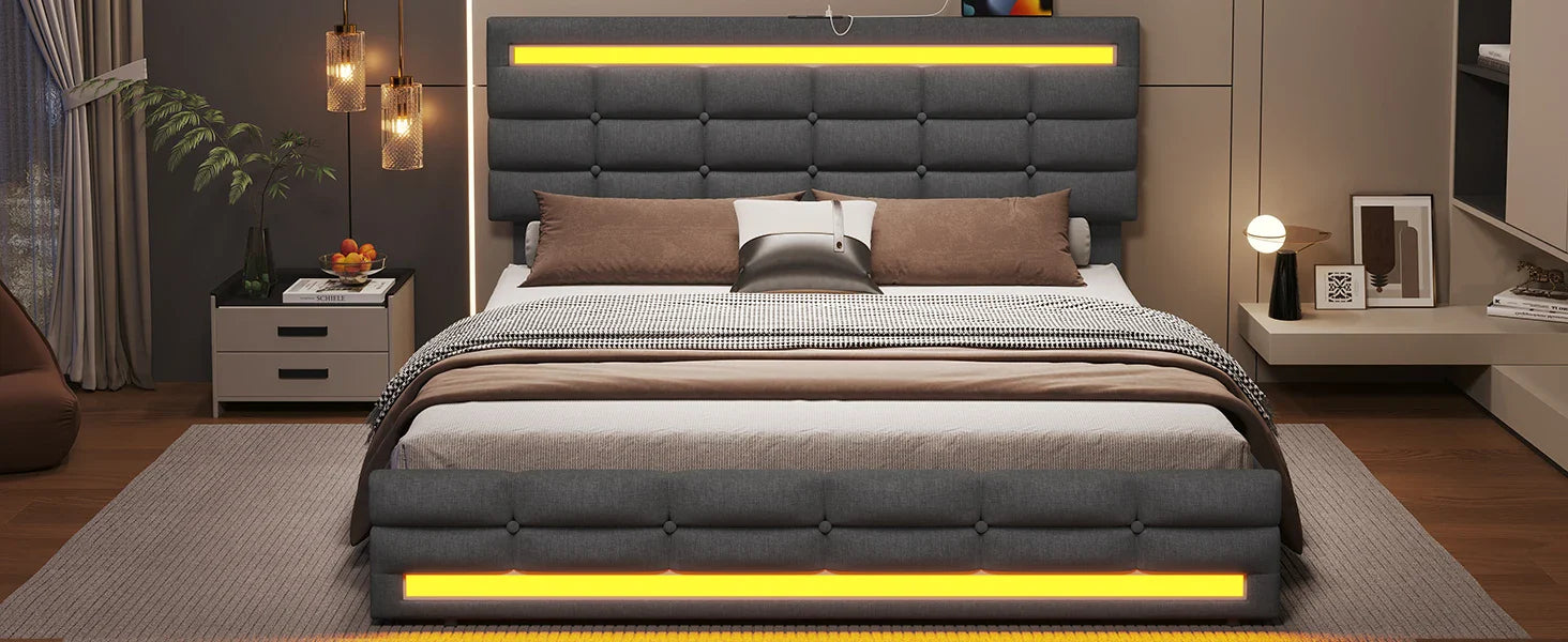 LED Bed Frame w 4 Drawers and 2 USB Charging Station, Upholstered Platform Queen Size Bed Frame w LED Lights Headboard Footboard