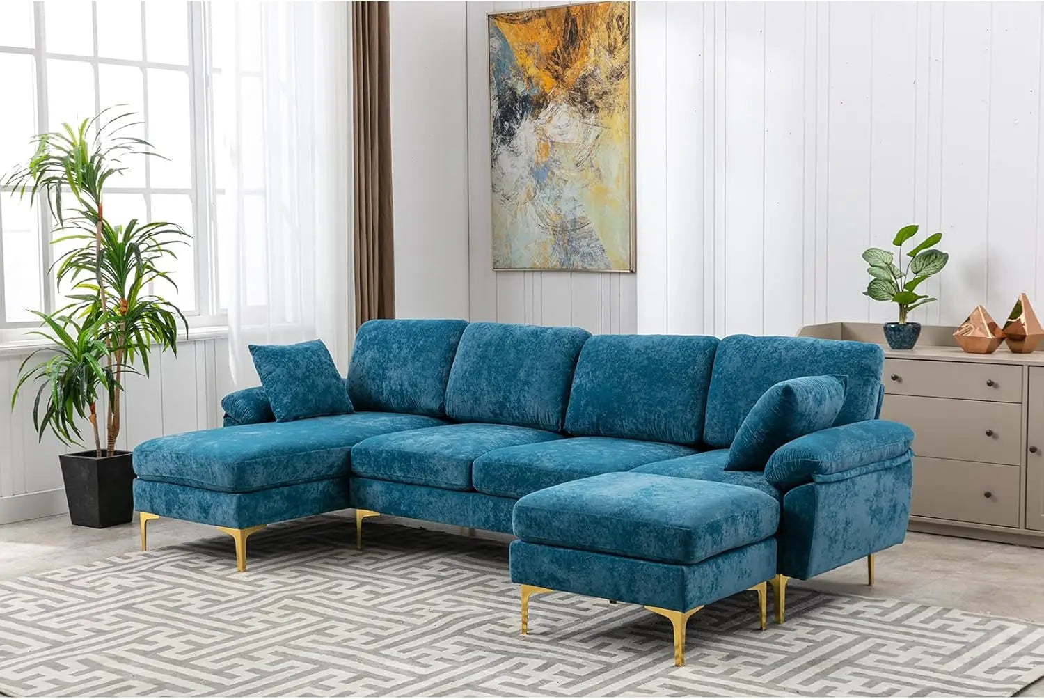 U-Shaped Sectional Sofa Couch, 4 Seat Sofa Set for Living Room, Convertible L-Shaped Velvet Couch Set with Chaise Lounge