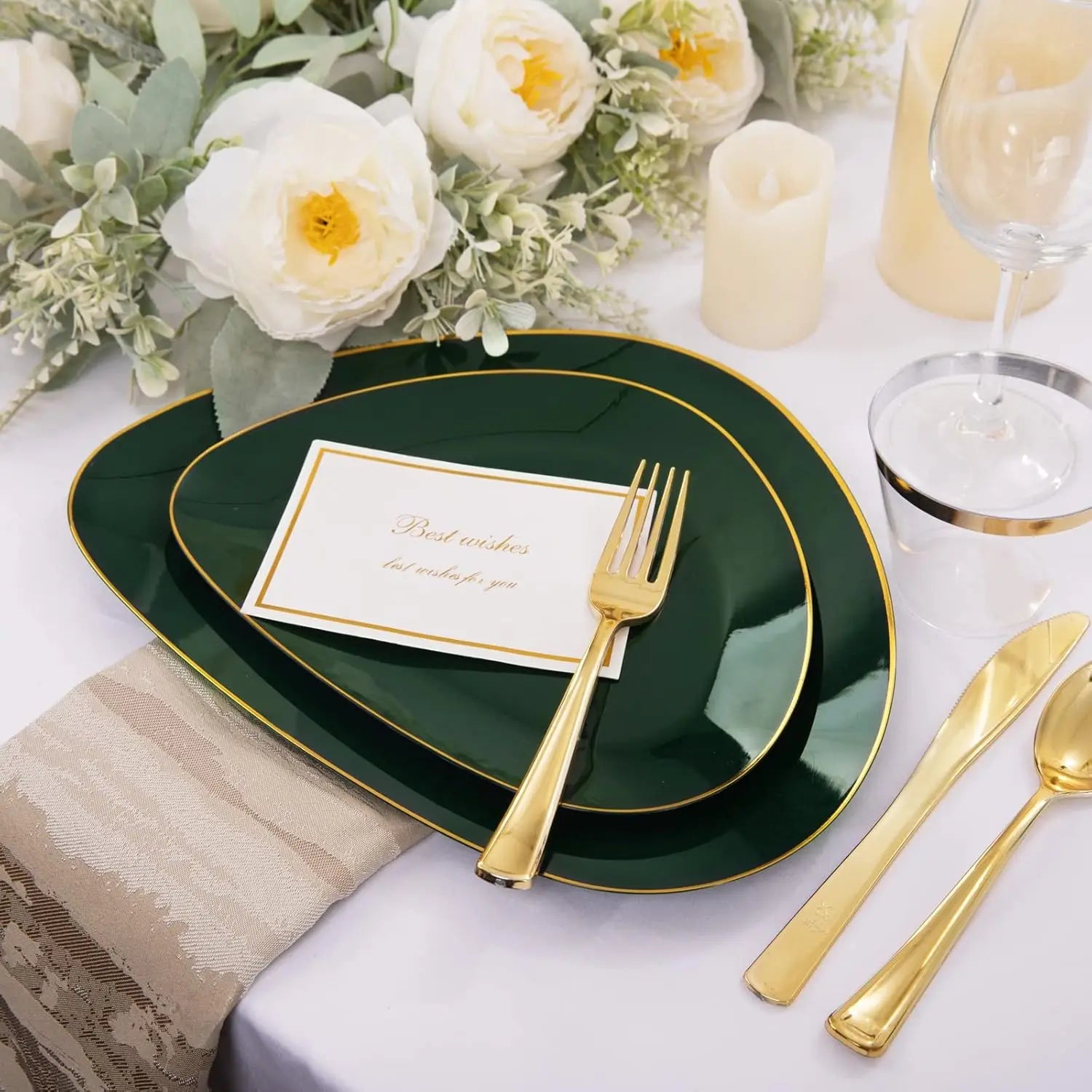 180Pcs Green Plastic Plates, Green Gold Disposable Plates with Gold Tableware Gold Dinnerware Set