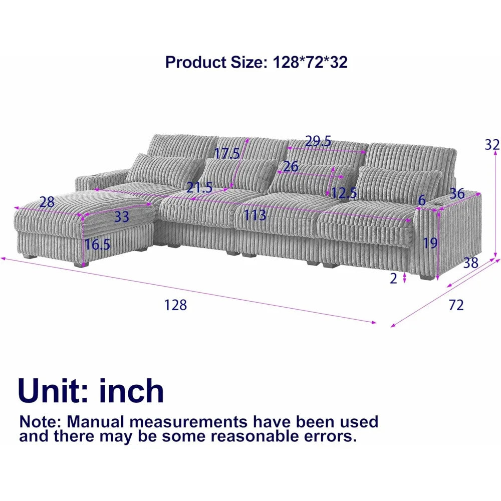 128'' L Shaped Modular Sectional Sofa, Oversized Corduroy Couch with Cup Holders and Charging Port, 4-Seater Sofa with Ottoman