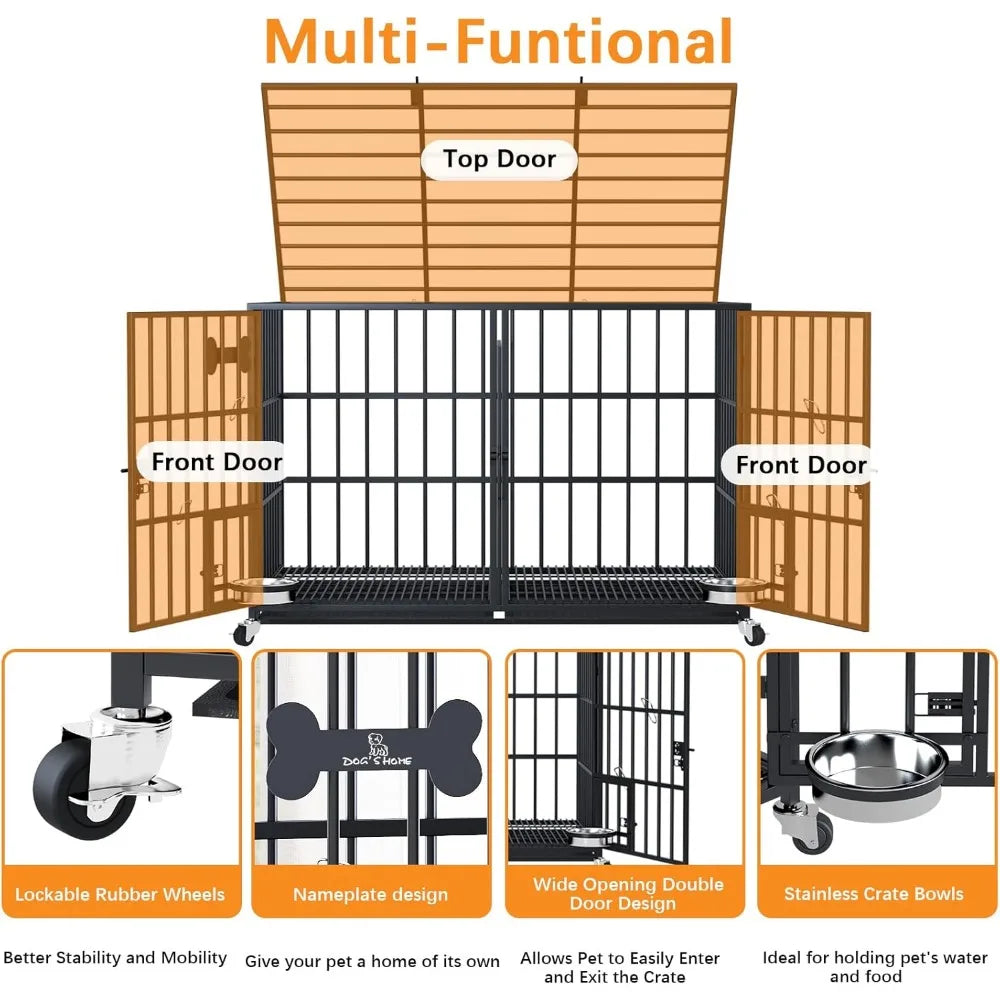 42 Inch Heavy Duty Metal Dog Crate for 2 Large Dog,All Metal Open Top Stackable,Dog Kennel Indoor with Divider and Feeding Bowl