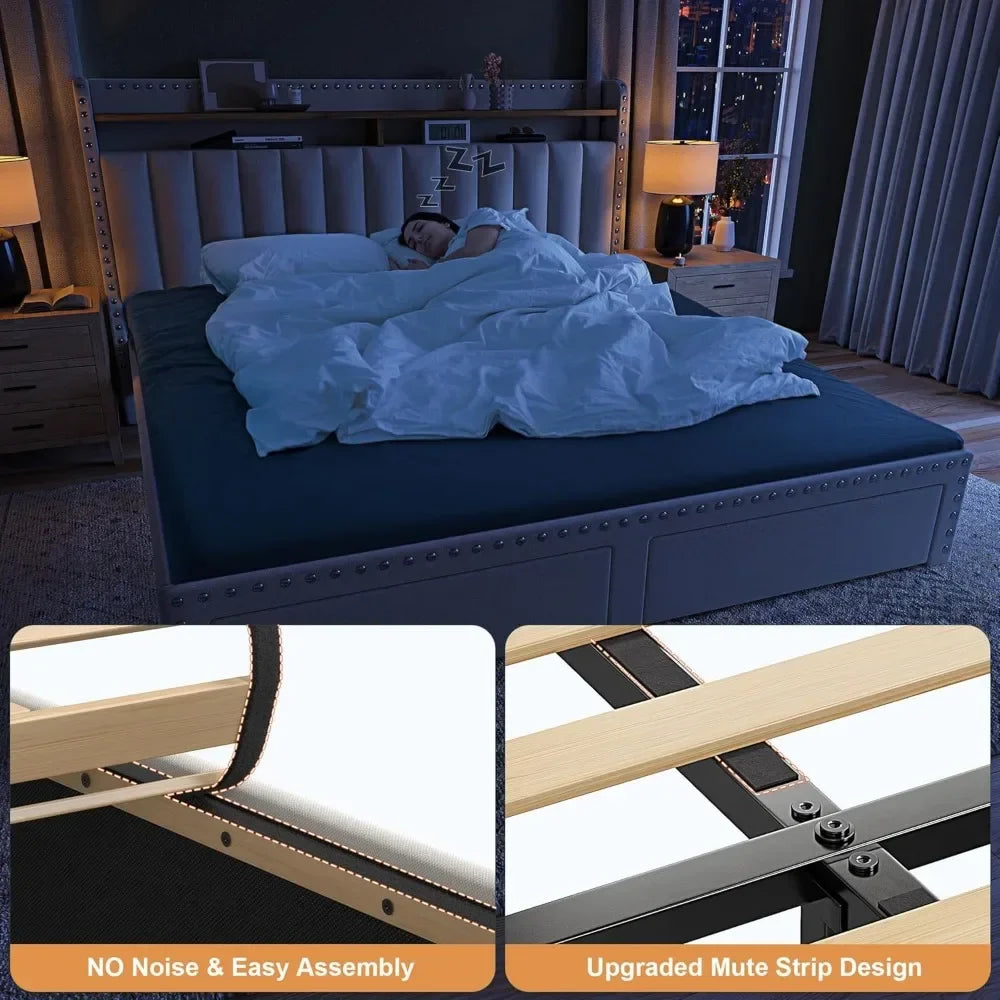 King Size Bed Frame with Storage and Headboard,Upholstered King Bed Frame with Storage & 2 Drawers,NO Noise,No Box Spring Needed