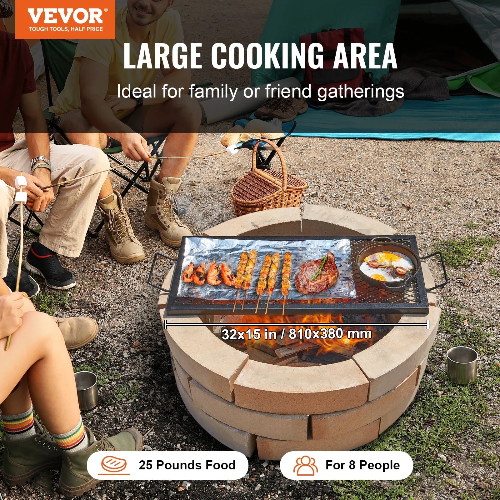 VEVOR X-Marks Fire Pit Grill Grate, Rectangle Portable Cooking Grate,  with Handle & Support X Wire,  Camping for Outside Party