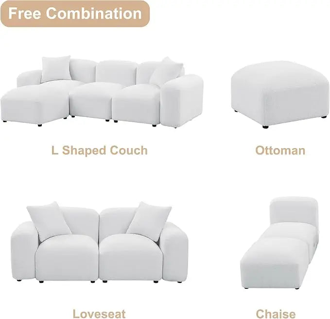 Convertible L Shaped Couch, 94.5" Modern Minimalist Cloud Couches for Living Room Set, Comfy Teddy Fabric Sofa