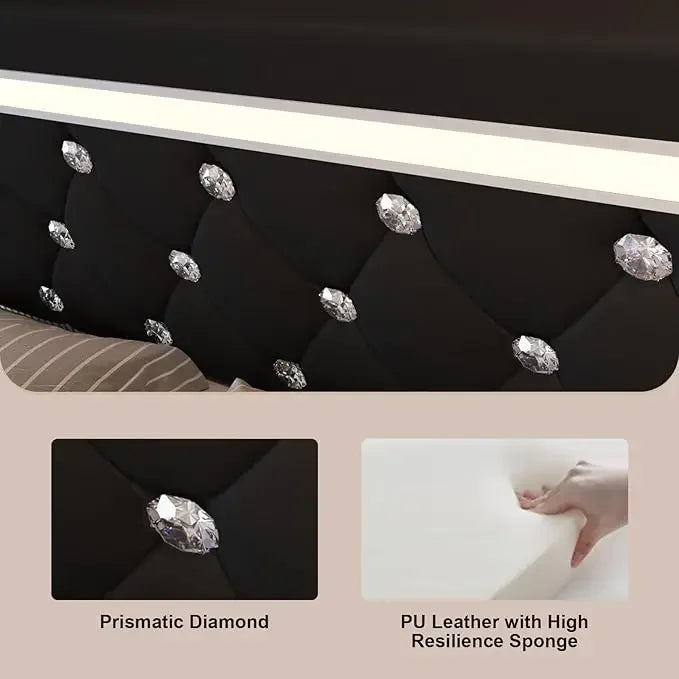 Bed Frame with 4 Drawers and LED Light, Charge Station, PU Leather Upholstered Platform Storage Bed with Adjustable Headboard