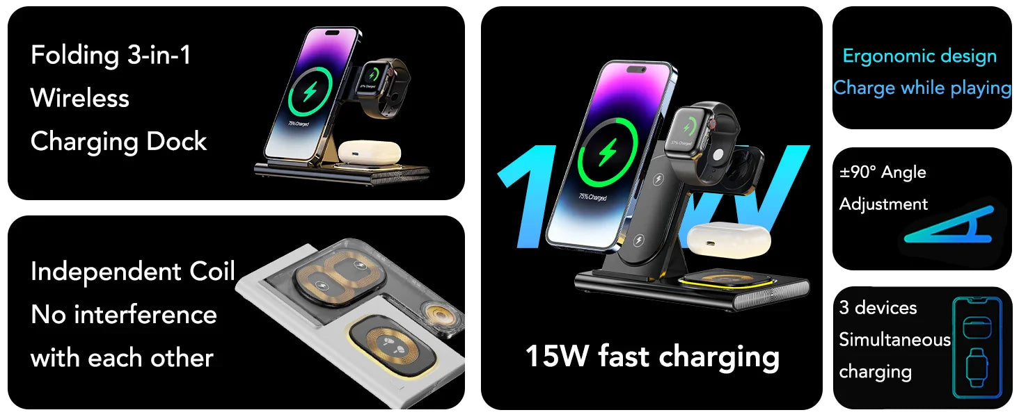 Wireless Charger Station, 4 in 1 Foldable 15W Fast Charging Wireless Charging Station with Night Light for iPhone iPods iWatch