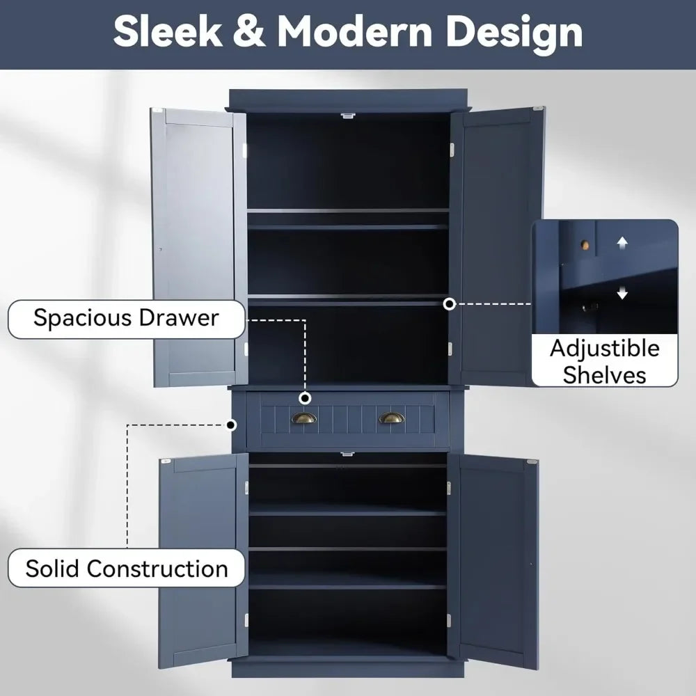 72" Kitchen Pantry Storage Cabinet, Freestanding Cupboard with 2 Cabinets, Drawer and Adjustable Shelves, Tall Storage Cabinet