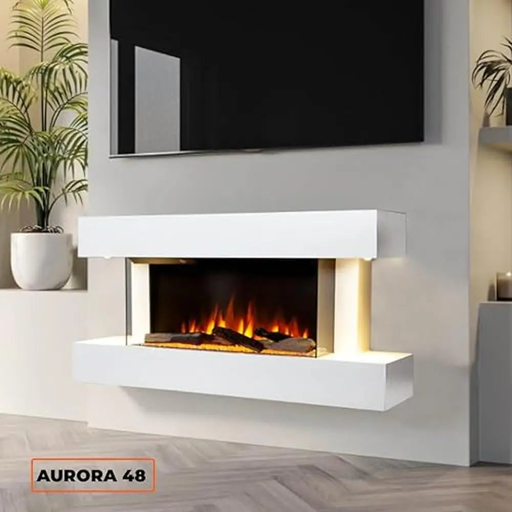 48” Electric Fireplace with White Mantel Surround Realistic Flame Driftwood and Crystals Dual Heating Modes Remote Control Timer