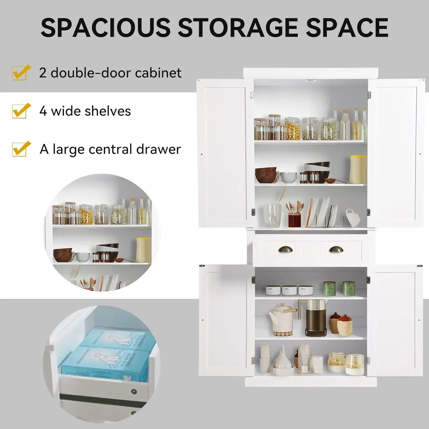 72" Kitchen Pantry Storage Cabinet, Freestanding Cupboard with 2 Cabinets, Drawer and Adjustable Shelves, Tall Storage Cabinet