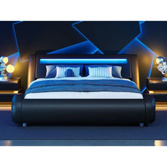 Modern Queen Bed Frame with RGBW LED Lights Headboard, Low Profile Upholstered Platform Sleigh Design, Strong Wood Slats Support