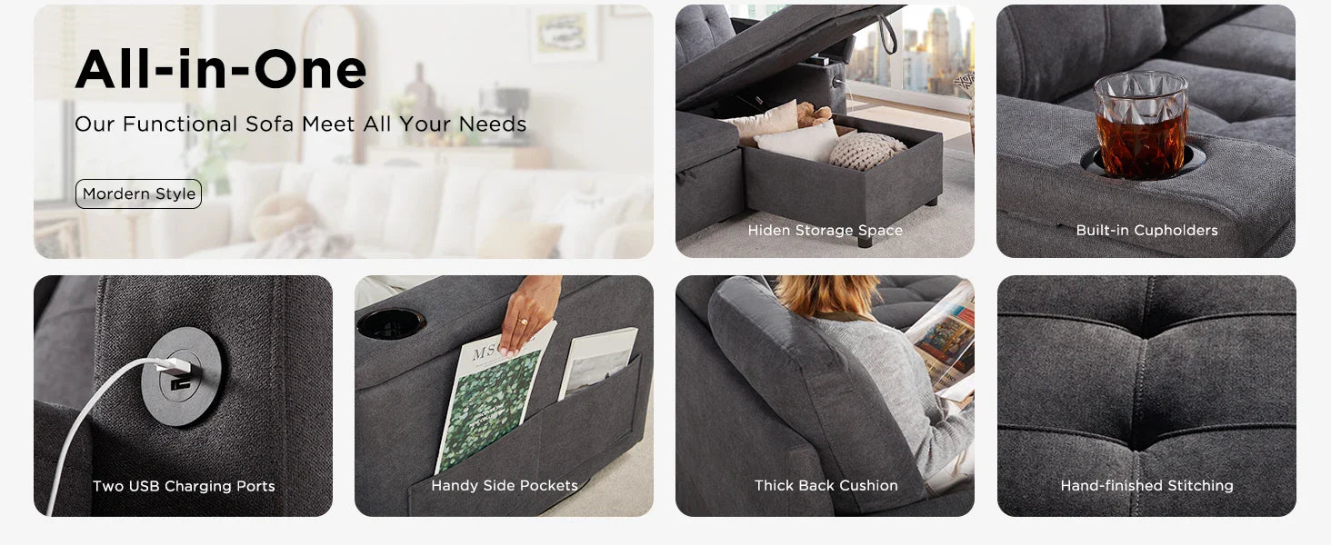 Sofa Bed, Sleeper Sofa with USB Charging Ports, L-Shaped Couch with Storage, Pull Out Couch for Living Room, Grey Linen