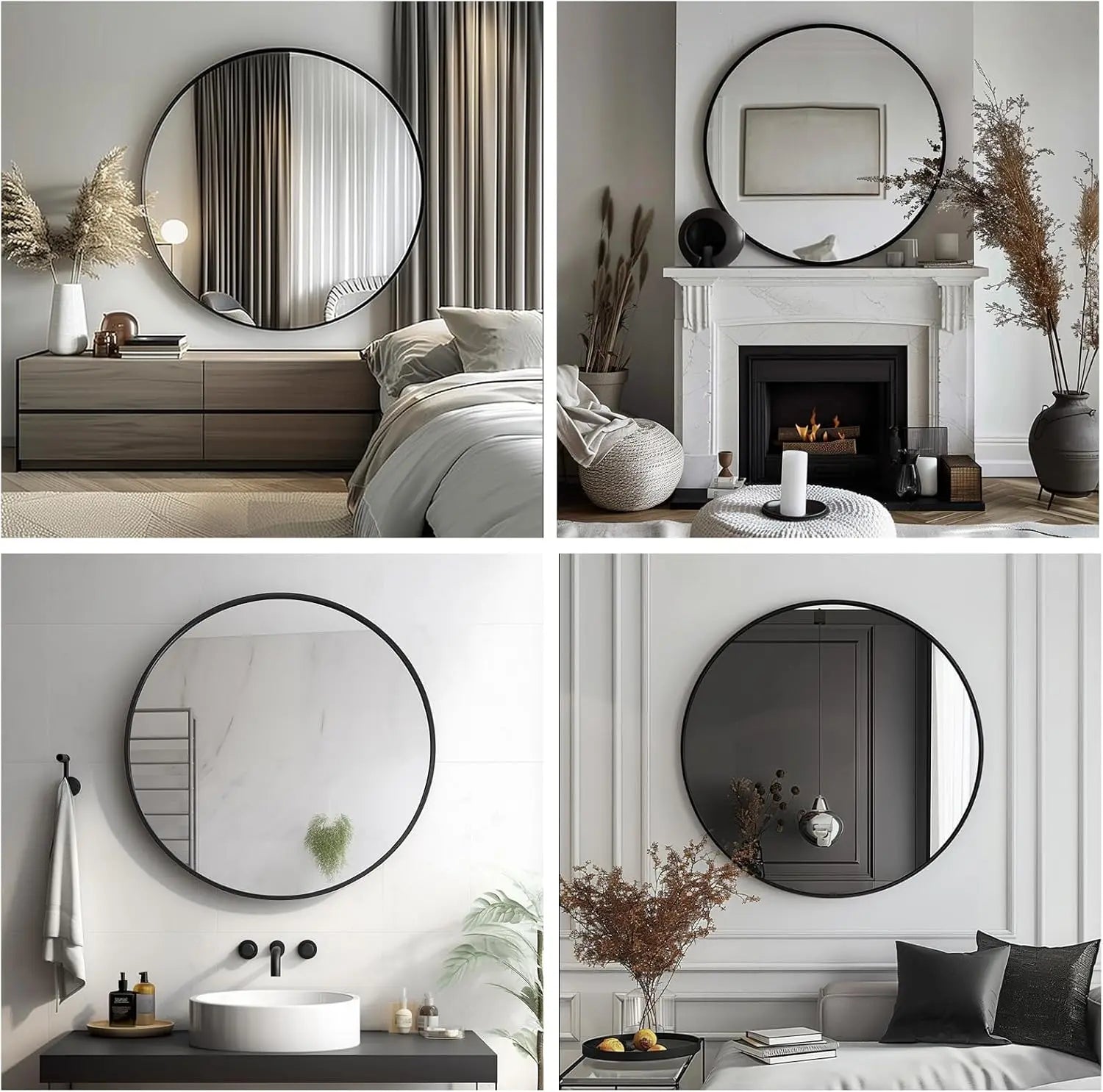 Black Round Mirror, Round Mirror 24 inch, Black Circle Mirror Metal Frame, Round Wall Mounted Mirrors for Living room, Bathroom,