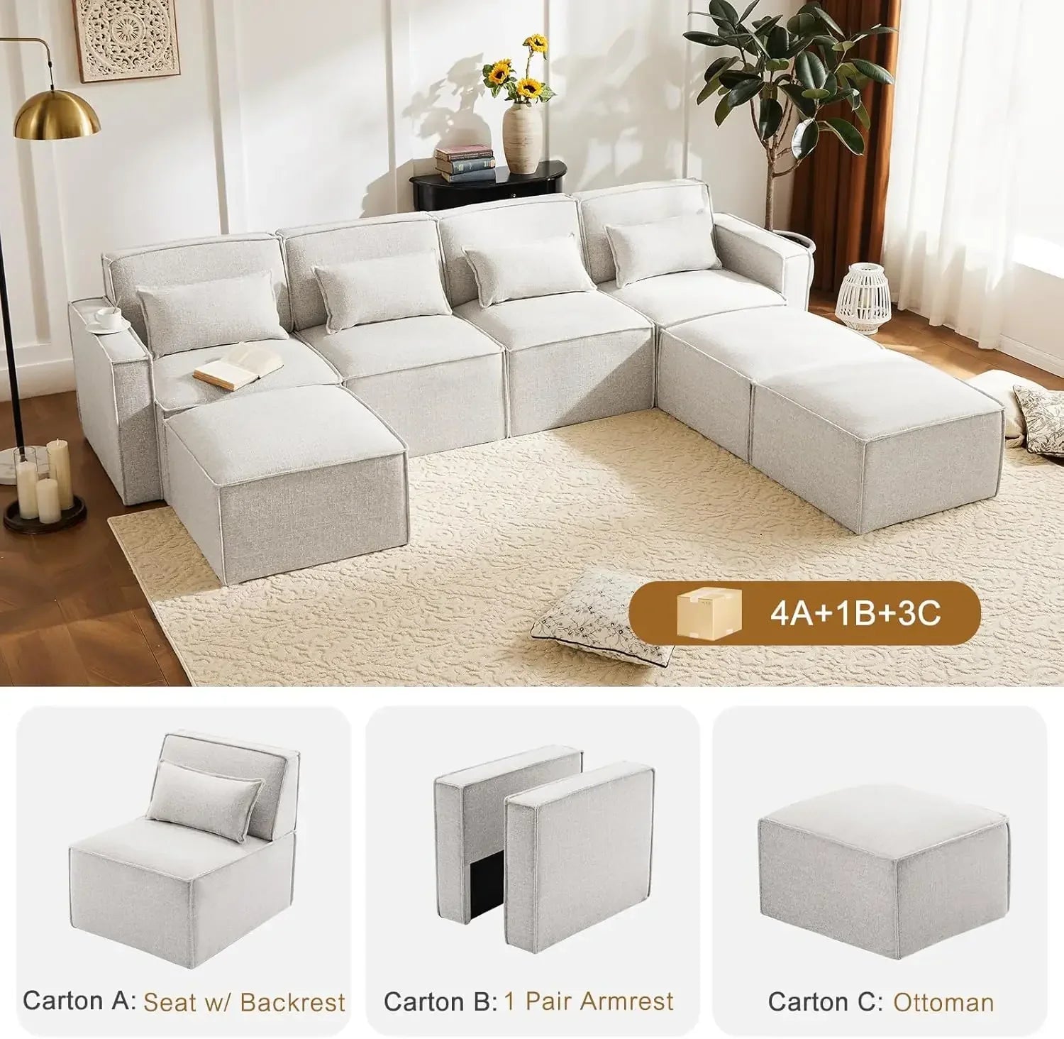 Shaped Modular Couch with Reversible Chaise,Luxury Modular Sectional Sofa for Living Room, Apartment