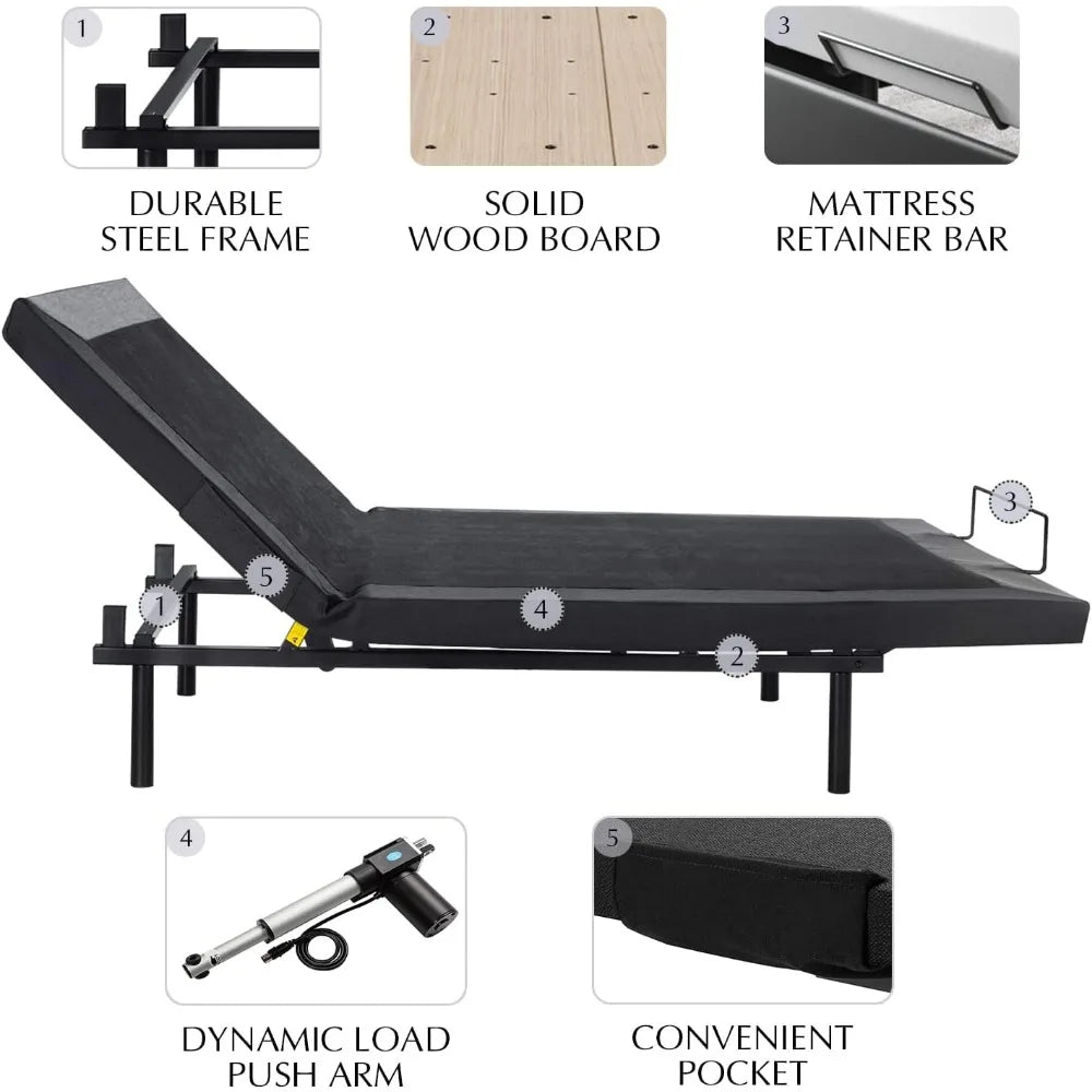 Full Size Ergonomic Adjustable Bed Frame Smart Electric Bed Base with 2.0 Upgraded Motors, Independent Head and Foot Incline