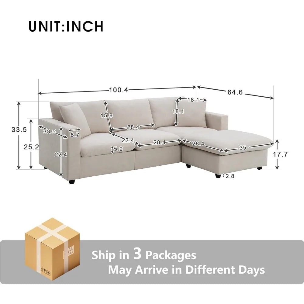 100.4" Modular Sectional Sofa Cloud Couch for Living Room, Modern Convertible L Shaped Couch Set