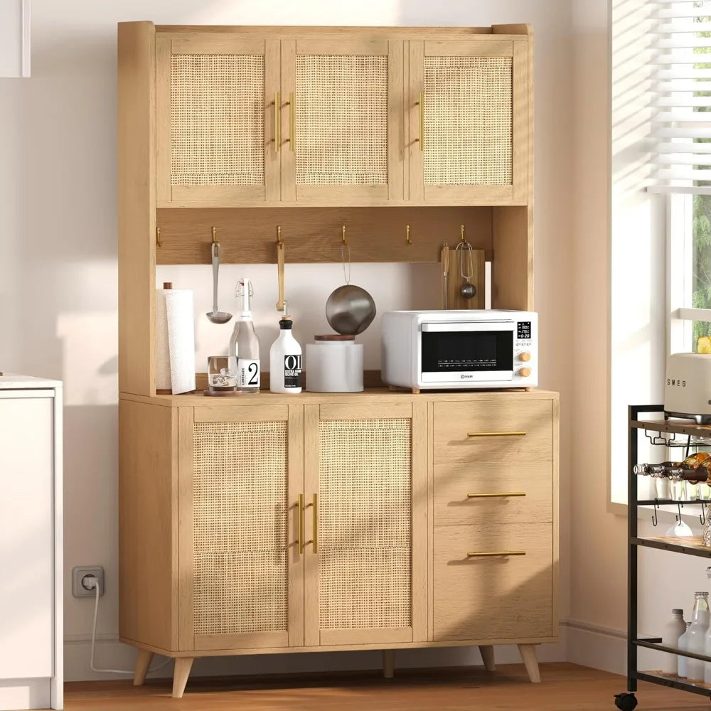 70.9" Kitchen Pantry Cabinet with Microwave Shelf,Rattan Kitchen Hutch Cabinet with Charging Station,Tall Floor Cupboard Cabinet