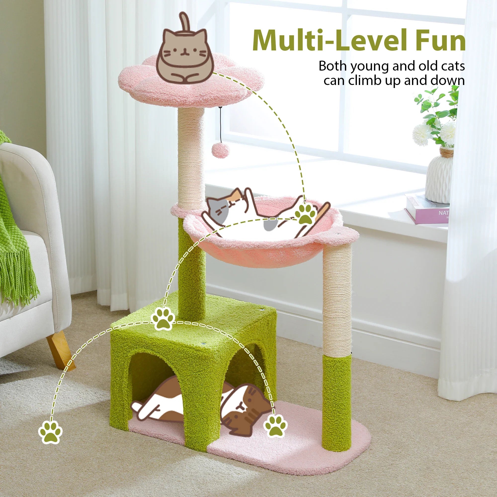 Flower Cat Tree with Large Metal Frame Hammock Cute Cat Tower with Sisal Scratching Posts for Small Indoor Cats with Pink Perch