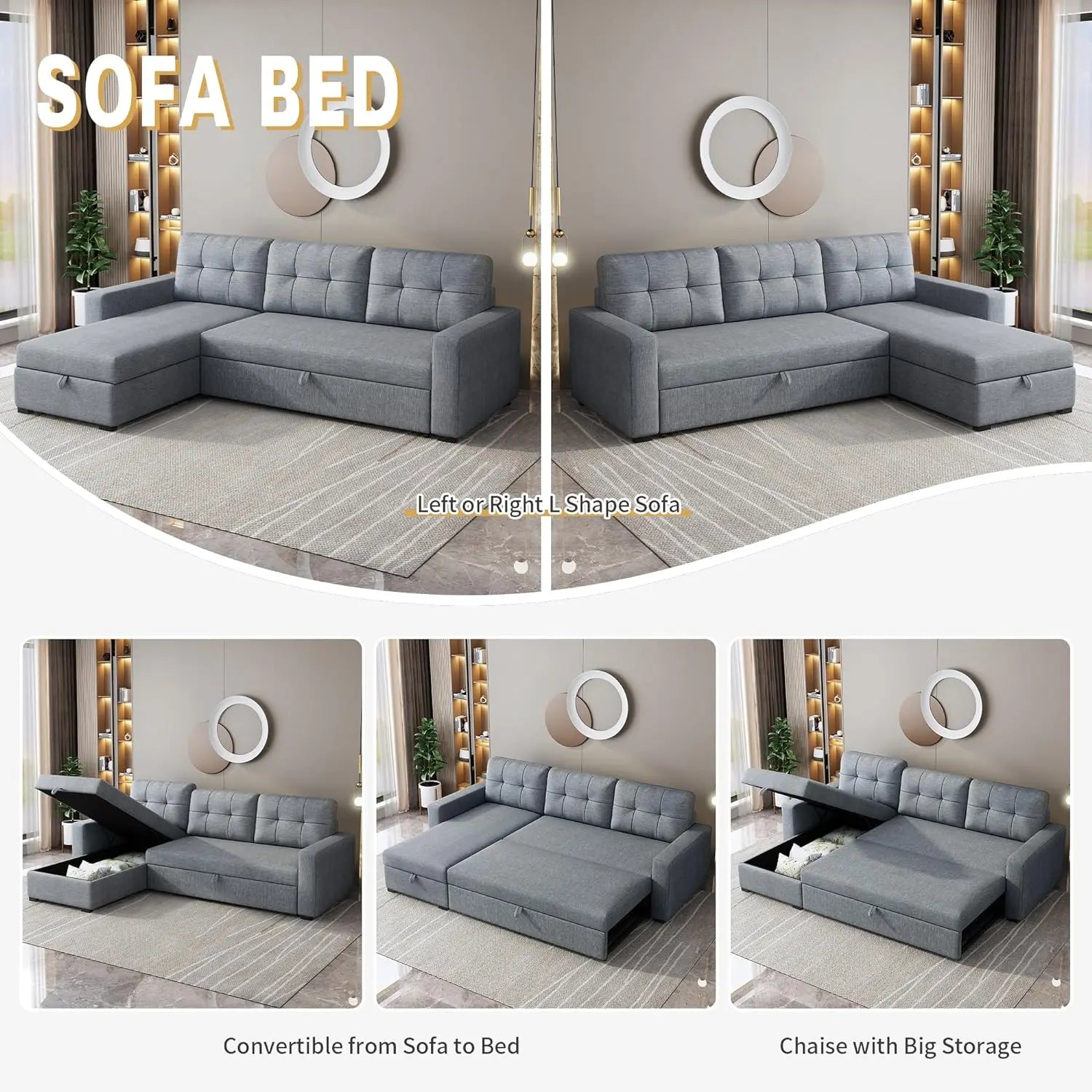 81.5"" L-Shape Pull Out Couch With Reversible Storage Chaise,Sleeper Sectional Sofa With Pullout Bed And 3 Removable Back