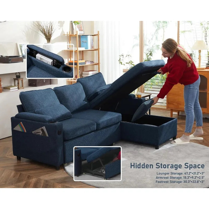 DURASPACE Sofa Bed Pull Out Couch Sleeper with Storage Chaise, with USB Charging Ports, Cup Holder