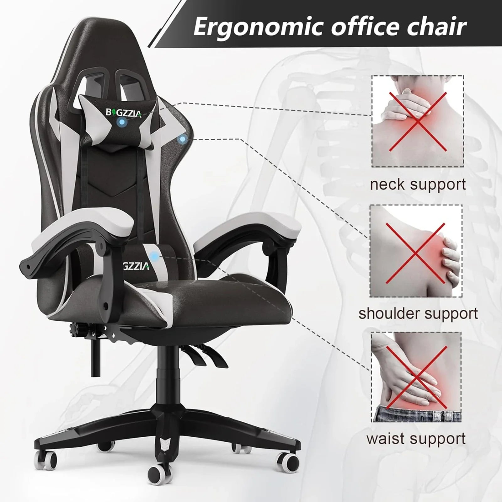 Ergonomic Gaming Chair Gamer Chairs with Lumbar Cushion + Headrest, Height-Adjustable Computer Office Chair for Girls, Boys