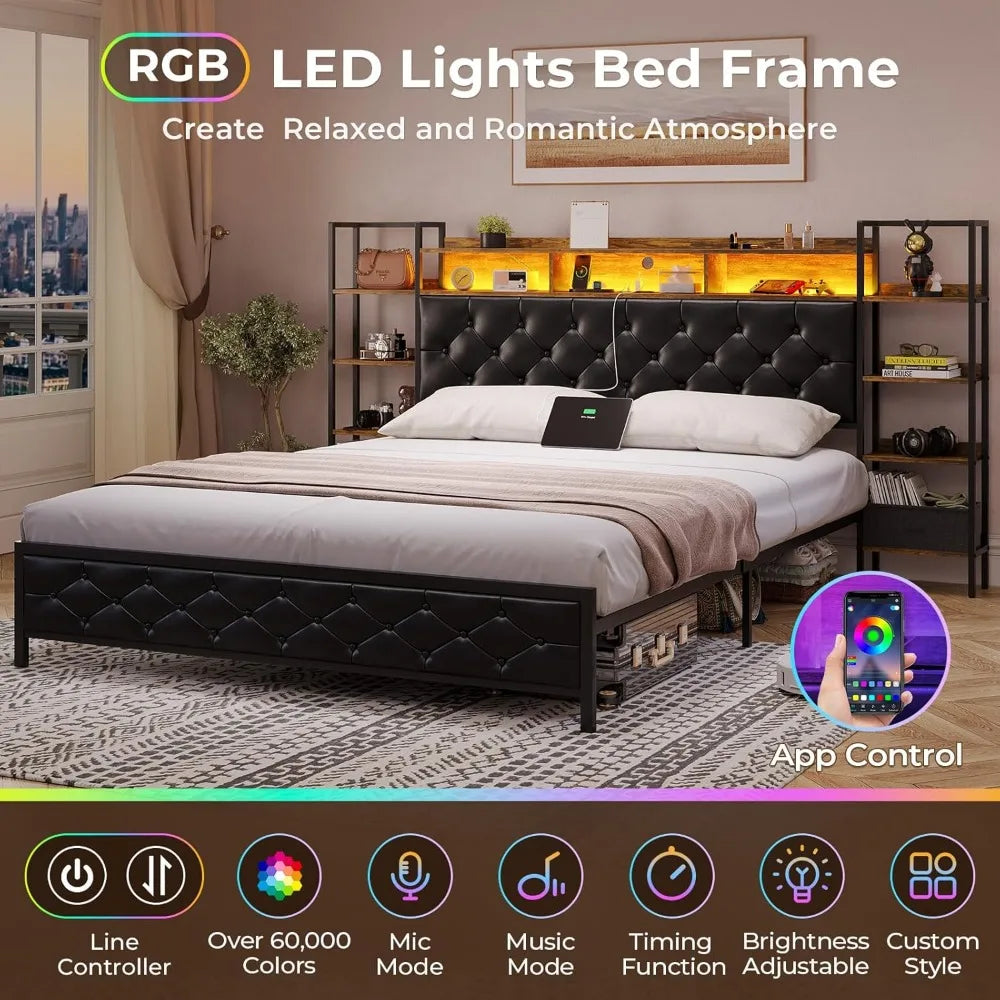 Bed Frame with Bookcase Storage Headboard and Charging Station,Metal Led Platform Bed,LED Lights,No Box Spring Needed,Bed Frames