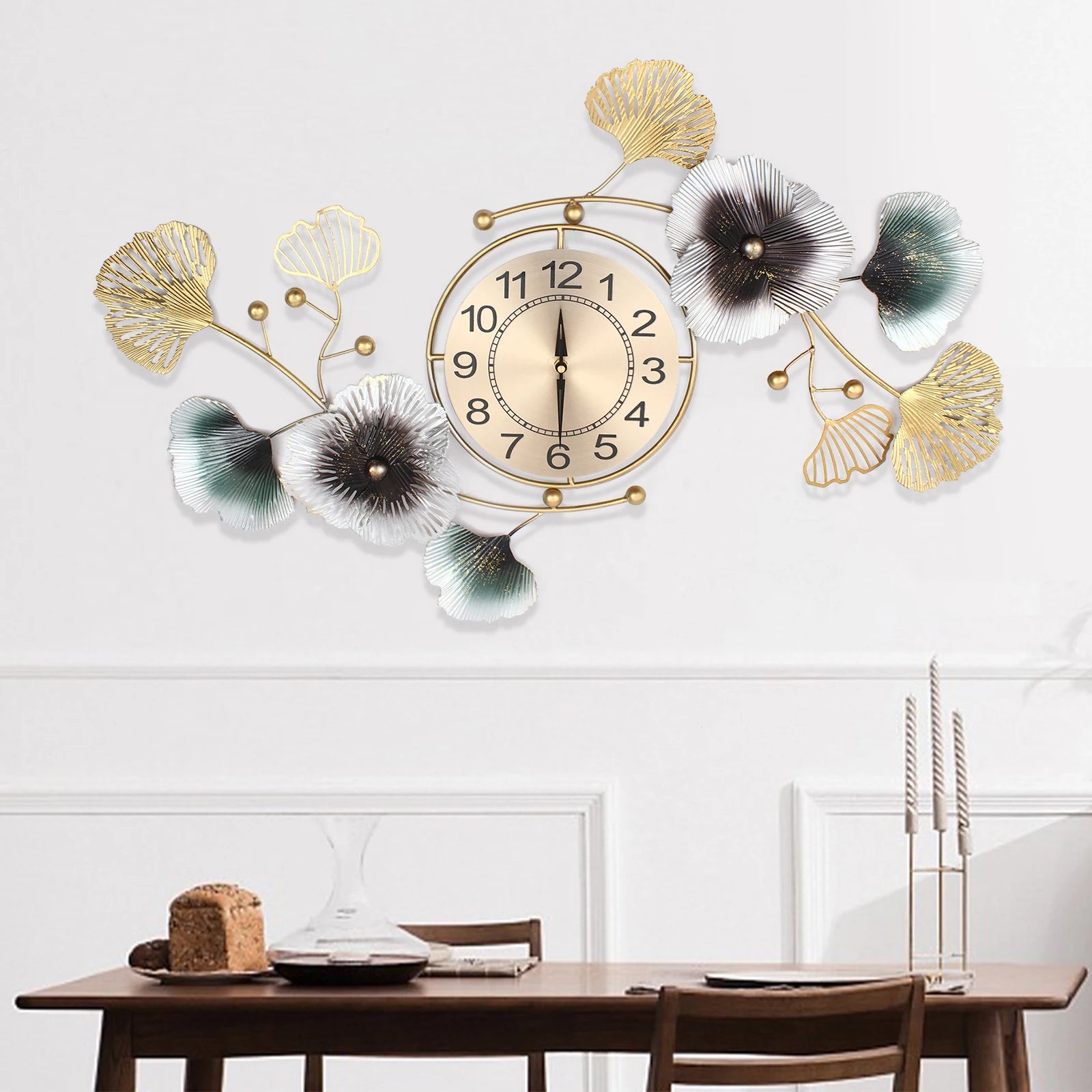 Light Luxury Atmosphere Ginkgo Leaf Wall Clock Mute DIY Large Wall Clock Modern Arabic Numerals Metal Material Home Office Decor