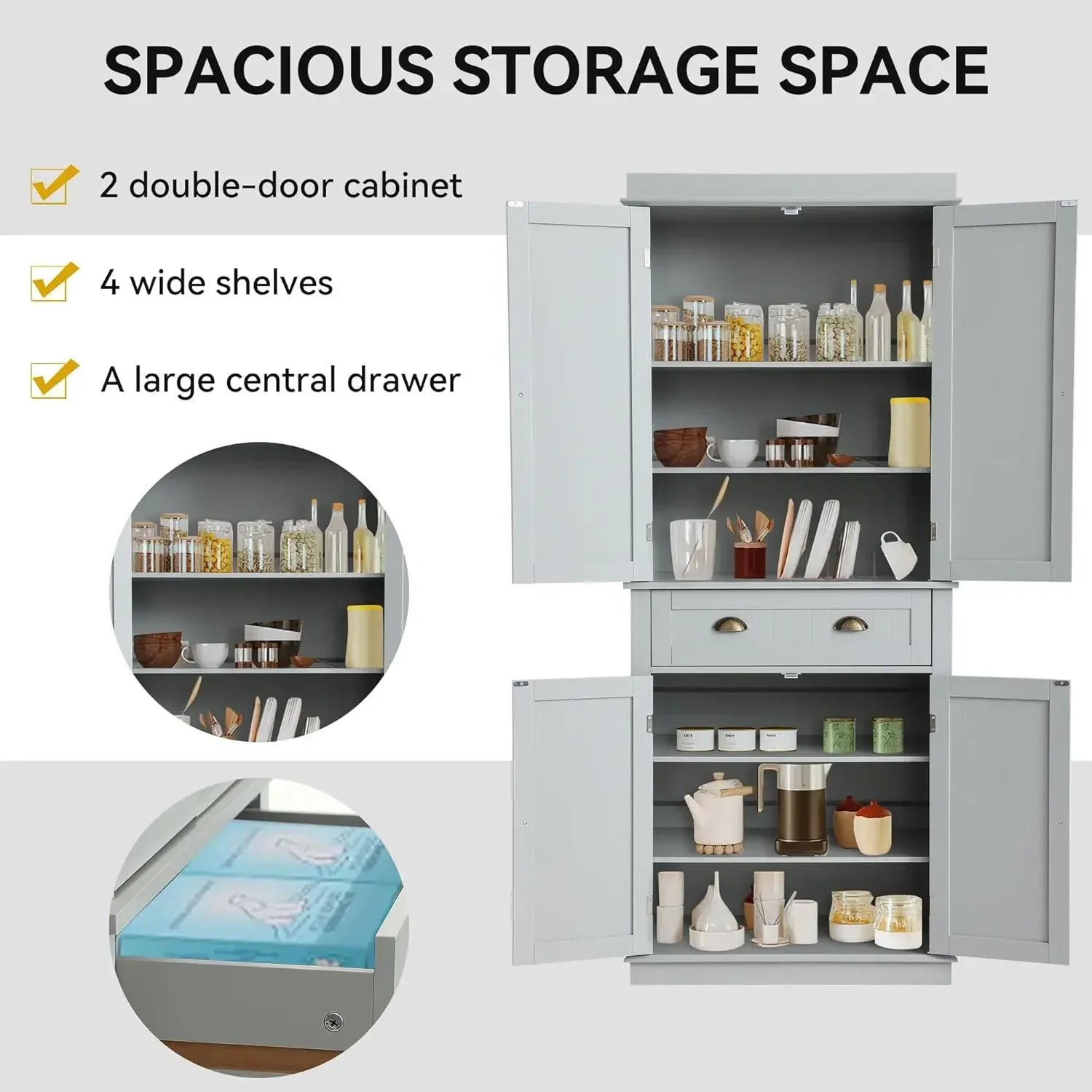 72" Kitchen Pantry Storage Cabinet, Freestanding Cupboard with 2 Cabinets, Drawer and Adjustable Shelves, Tall Storage Cabinet