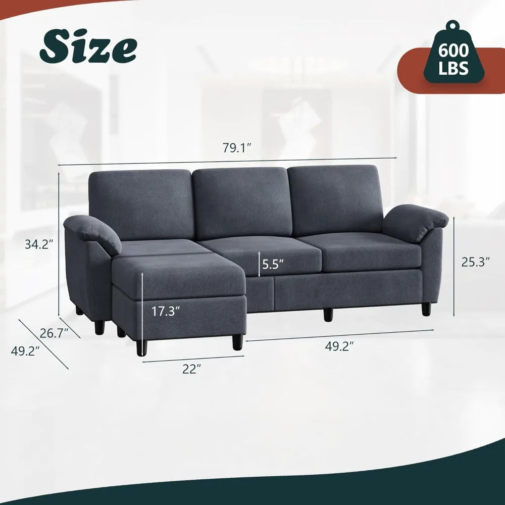 79" Convertible Sectional Sofa Couch, 3 Seat L Shaped Sofa with Removable Pillows Linen Fabric Small Couch，Living Room Sofas