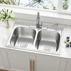 33 Inch Double Bowl Drop in 50/50 Kitchen Sink Top Mounted 18 Gauge 304 Stainless Steel Sink with Strainer,33" X 22" X 9"