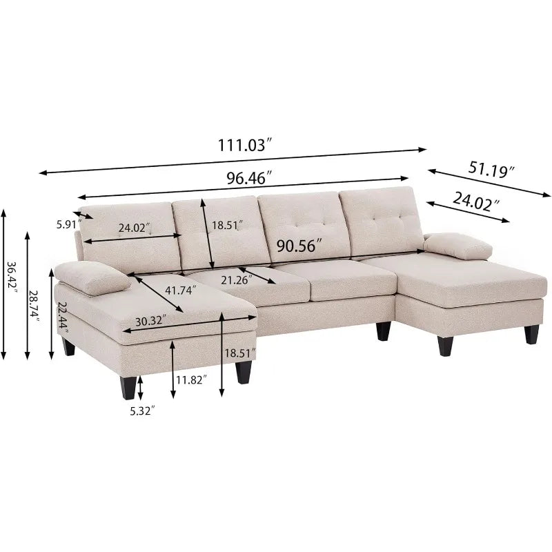 111" Modern U Shape Convertible Sectional Sofa Couch, Polyester Fiber Sleeper Couch with Double Chaise and Portable Armrest