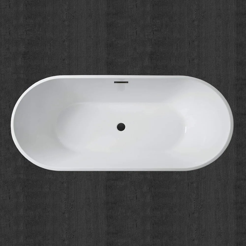 71" Acrylic Freestanding Bathtub Contemporary Soaking White Tub with Matte Black Overflow and Drain Easy Clean,Easy Maintenance