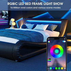 Modern Queen Bed Frame with RGBW LED Lights Headboard, Low Profile Upholstered Platform Sleigh Design, Strong Wood Slats Support