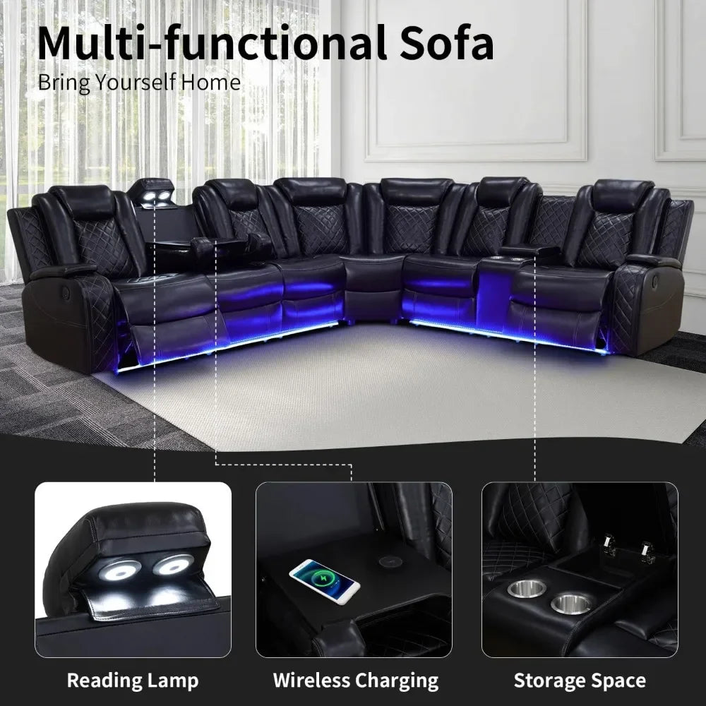 Recliner, Power Recliner Sofa Sectional Couches with LED Light, Leather Reclining Corner Sectional Sofa Set with 3 Recliner Seat