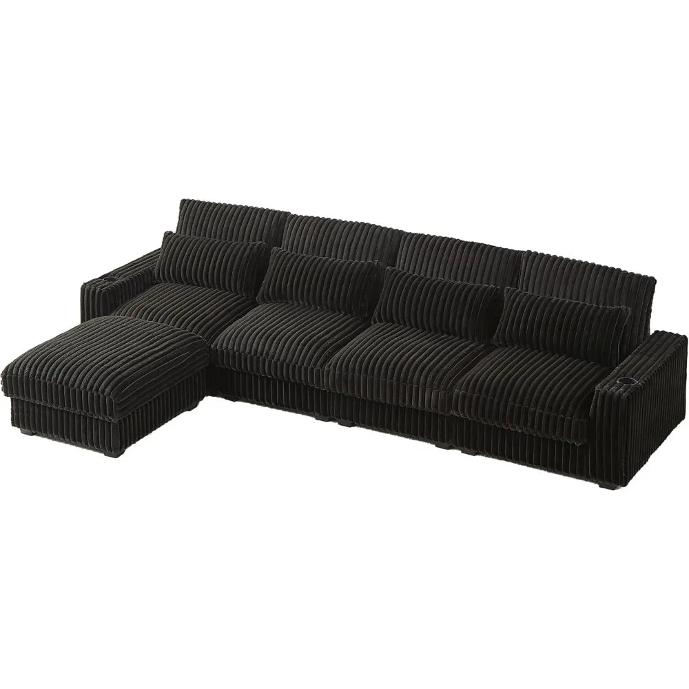 128'' L Shaped Modular Sectional Sofa, Oversized Corduroy Couch with Cup Holders and Charging Port, 4-Seater Sofa with Ottoman