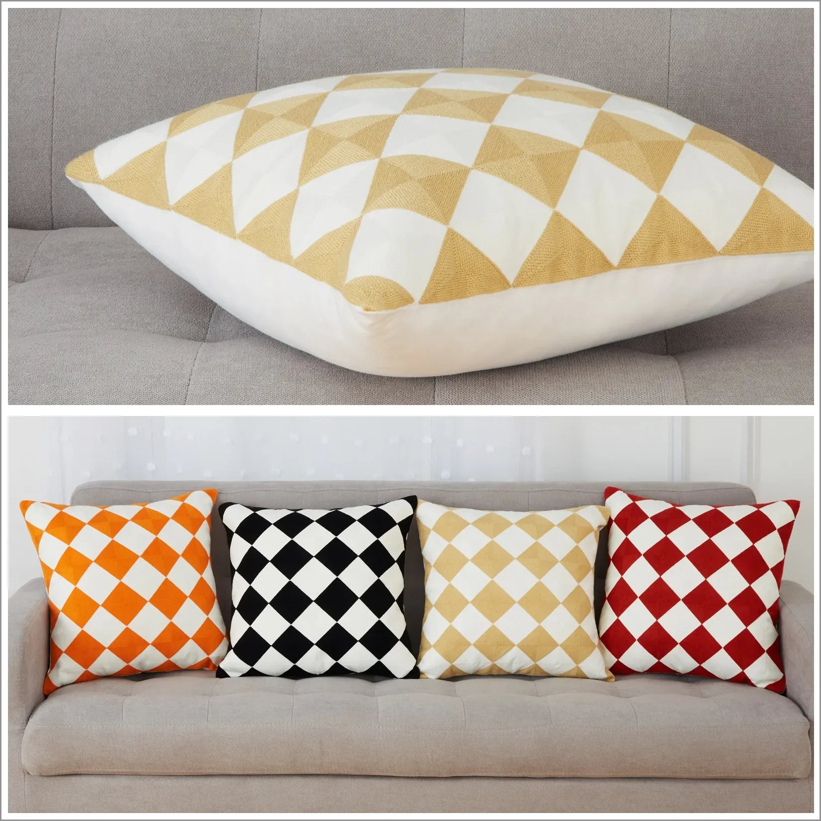 Throw Pillow Covers 18 x 18 Checkered Embroidered Couch Pillow for Living Room Set of 2