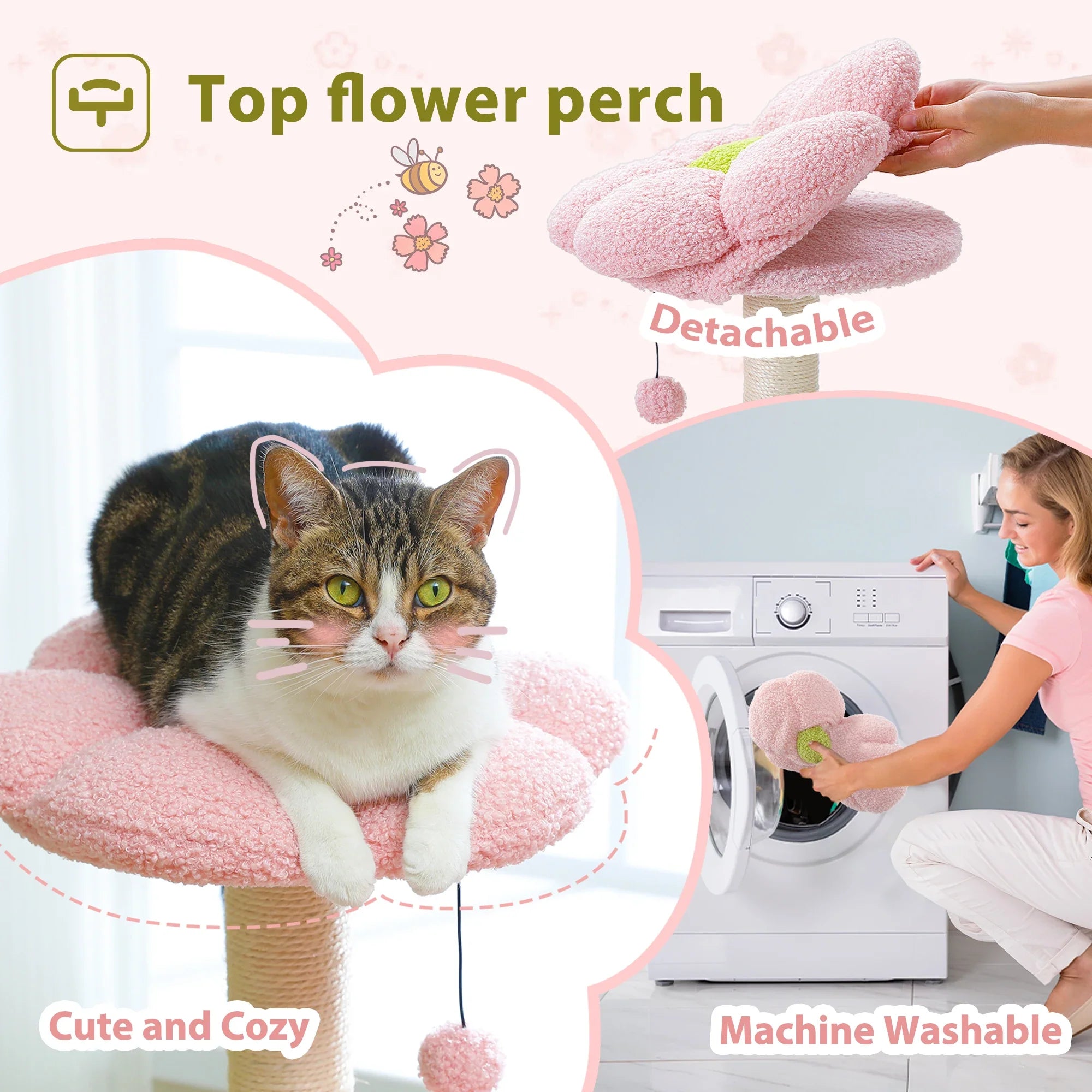 Flower Cat Tree with Large Metal Frame Hammock Cute Cat Tower with Sisal Scratching Posts for Small Indoor Cats with Pink Perch