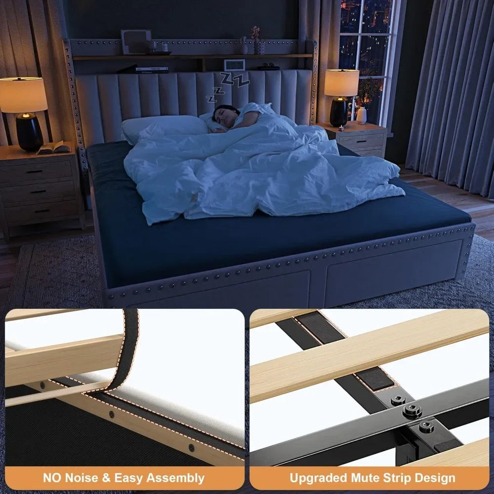 King Size Bed Frame with Storage and Headboard,Upholstered King Bed Frame with Storage & 2 Drawers,NO Noise,No Box Spring Needed