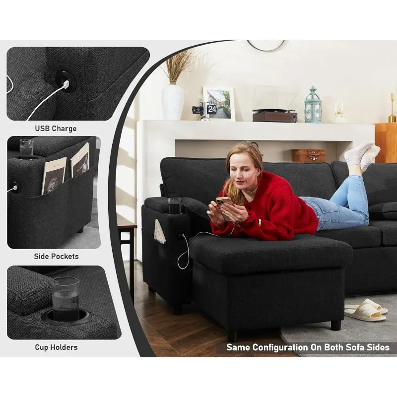 DURASPACE Sofa Bed Pull Out Couch Sleeper with Storage Chaise, with USB Charging Ports, Cup Holder