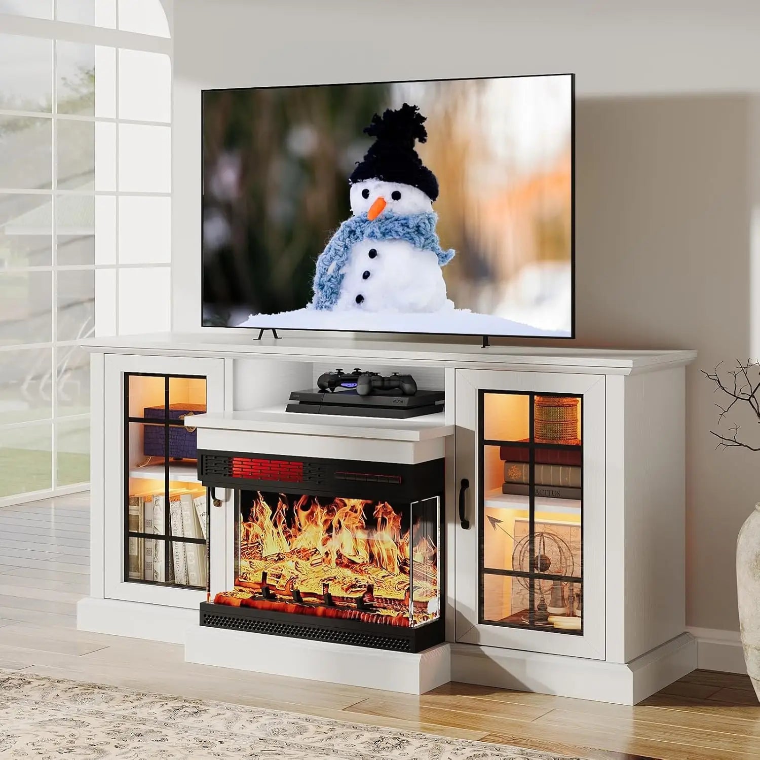 59''Fireplace TV Stand,3 Sided Glass Media Entertainment Center Console Table for TVs up to 65''with Glass Door Adjustable Flame