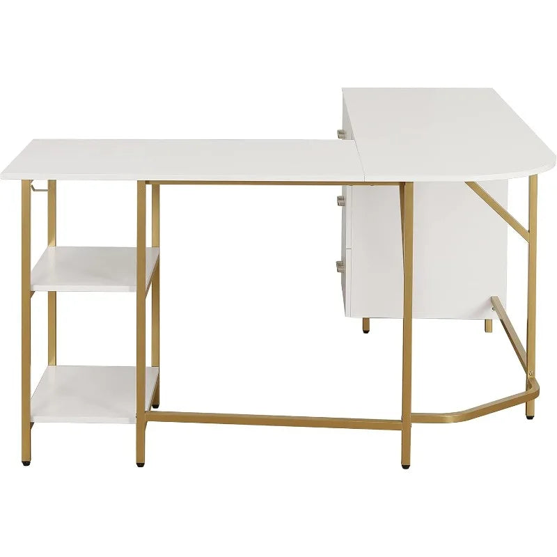 L Shaped Desk - Two-Toned Computer Desk with Drawers & Storage Shelves - Simple Modern Furniture & Home Office Space Corner Tabl