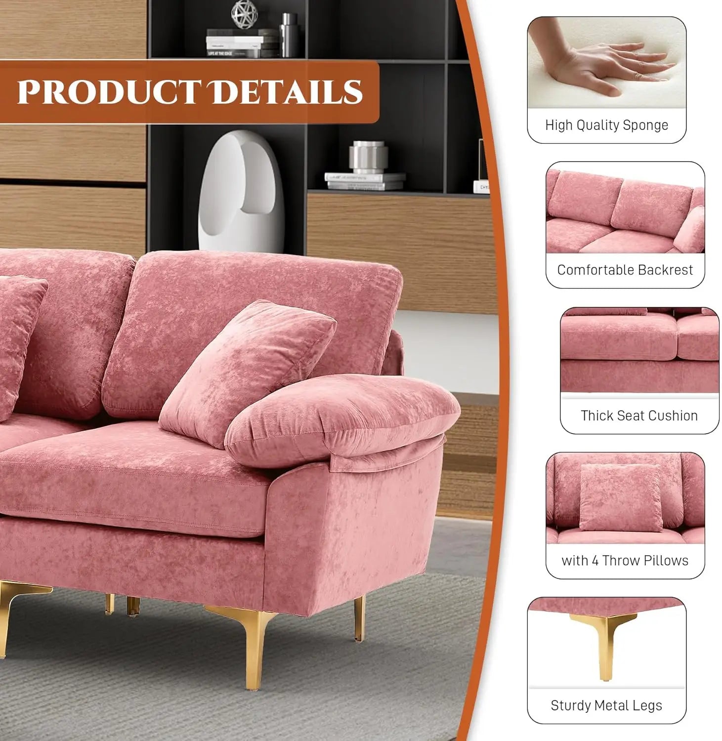 U-Shaped Sectional Sofa Couch, 4 Seat Sofa Set for Living Room, Convertible L-Shaped Velvet Couch Set with Chaise Lounge