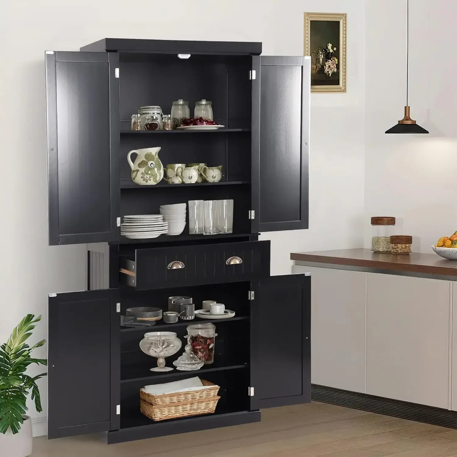 72" Kitchen Pantry Storage Cabinet, Freestanding Cupboard with 2 Cabinets, Drawer and Adjustable Shelves, Tall Storage Cabinet