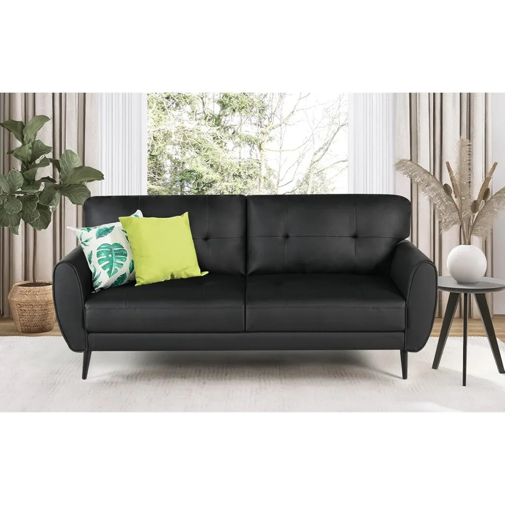 Sofa Couch, 60" Loveseat Sofa for Living Room, Mid Century Mini Black Couch, Tufted Leather Love Seat Furniture,Living Room Sofa