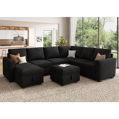 Modular Sectional Couch with Storage, Velvet U-Shaped Sectional Sofa with Storage Ottoman Convertible U-Shaped living room sofas