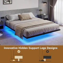 Floating Bed Frame Queen Size with LED Lights Metal Platform Queen Bed No Box Spring Needed Easy To Assemble Sturdy Durable