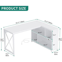 L Shaped Desk with Storage Shelves,55" Reversible Computer Desk with Power Outlets&LED Lights,for Home Office Small Space, White