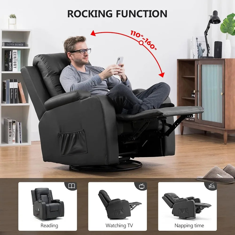 Recliner Chair, Leather Rocker with Heated Massage Ergonomic Lounge 360 Degree Swivel Single Sofa Seat Drink, Recliner Chair