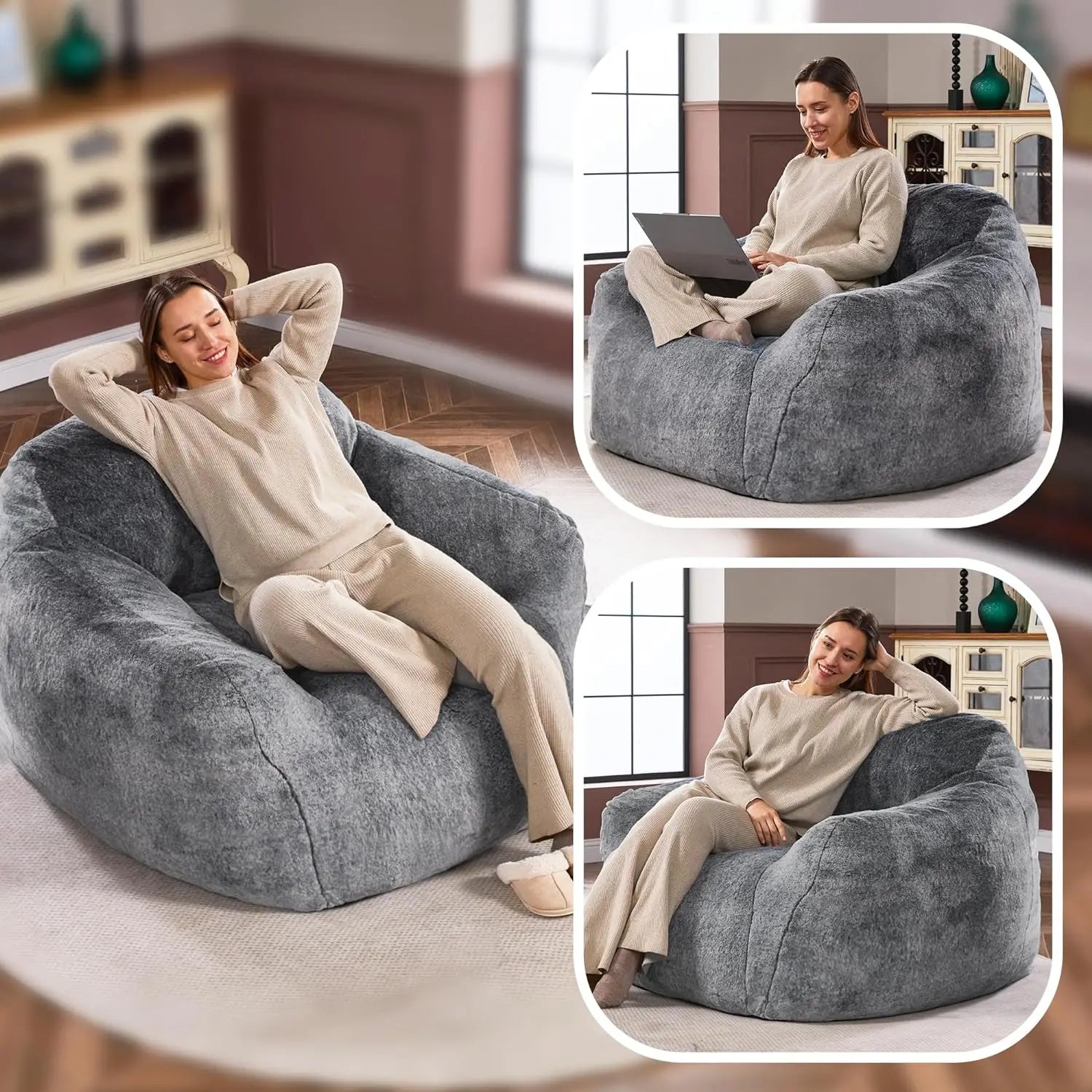 Giant Bean Bag Bag Sofa Chair with Armrests, Bean Bag Couch Stuffed High-Density Foam, Plush Lazy Sofa Comfy