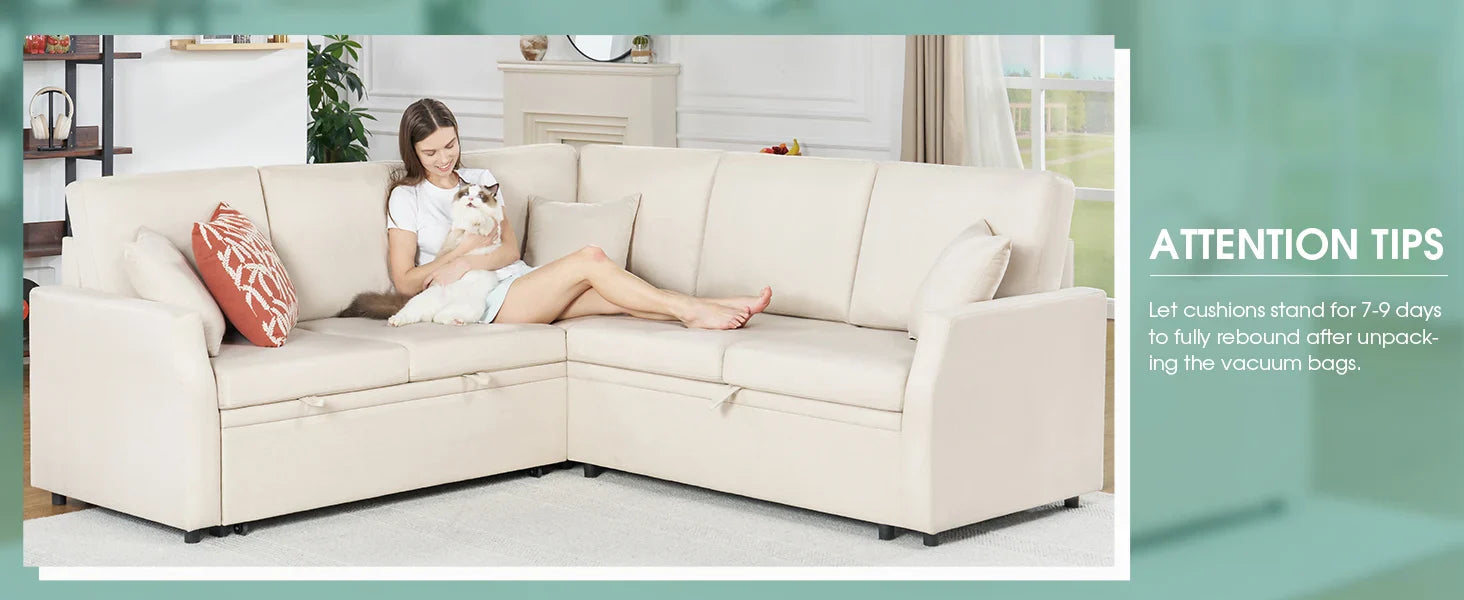 Sofa Bed, with Pull Out Bed & Storage Seat, Reversible L Shape Sectional Couch for Living Room Apartment, 85 Inch Sofa Bed